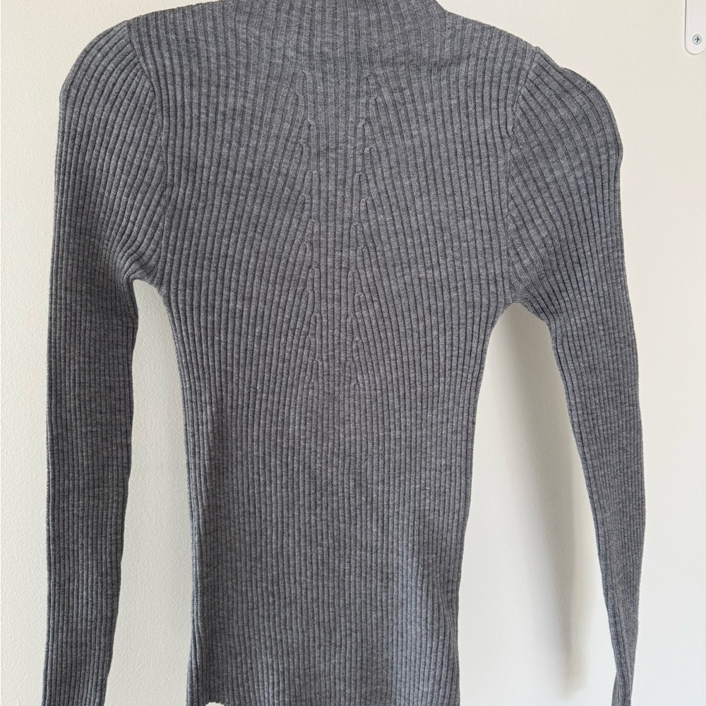 Gray Ribbed Low Turtleneck Knit Sweater